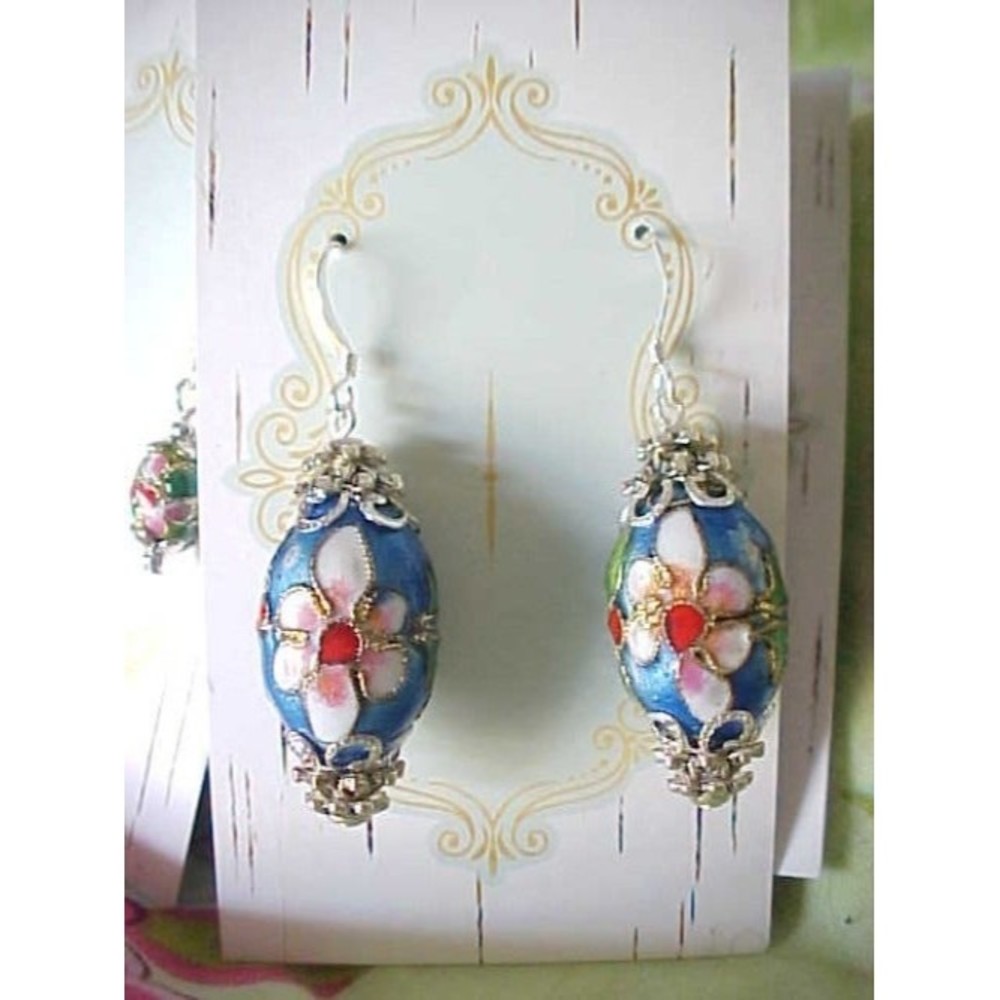 B2G1 OOAK Large Blue Floral Easter Egg Earrings Lightweight Cloisonne Art Beads